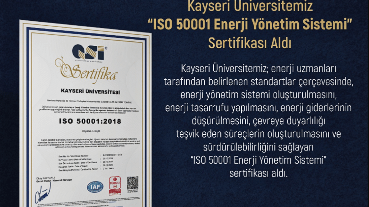 Kayseri Üniversitesi ISO 50001 enerji yönetim sistemi sertifikası aldı