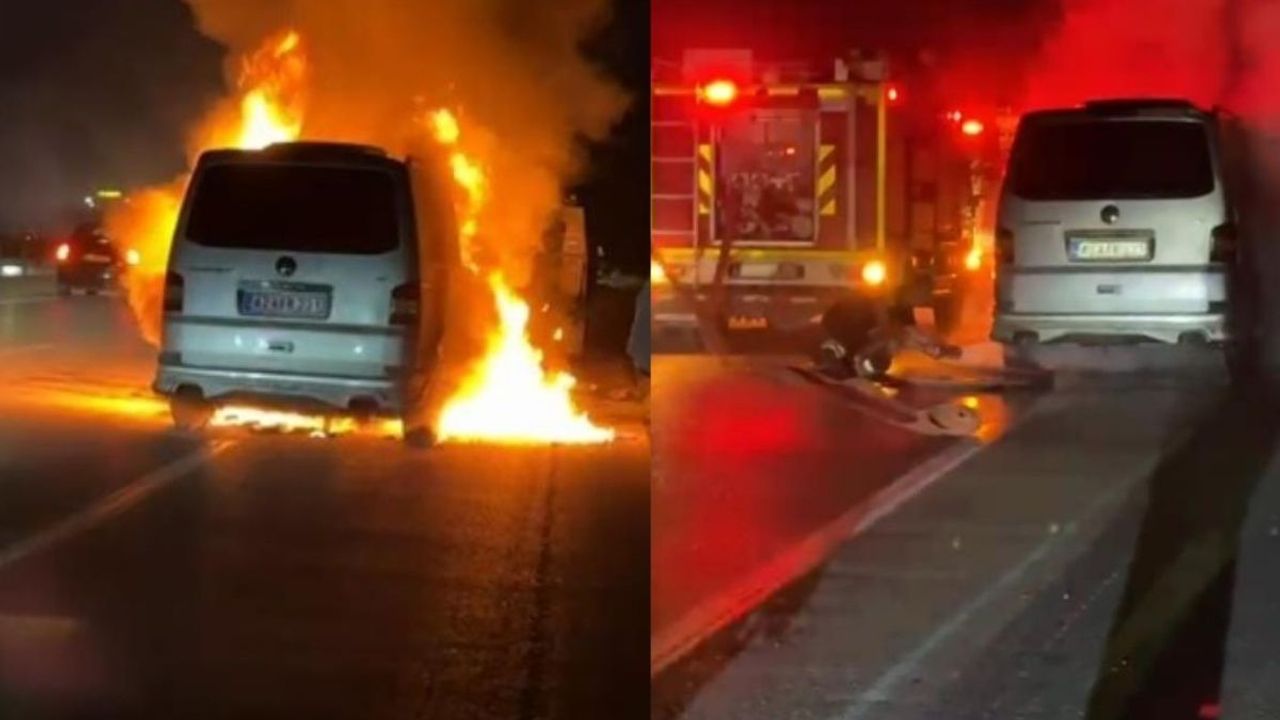 Arızalanan minibüs çekici üzerindeyken yandı!