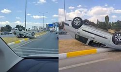 Kontrolden çıkan otomobil  ters döndü!