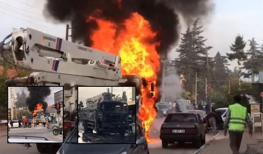 Konya’da beton pompası yandı: 2 otomobil zarar gördü