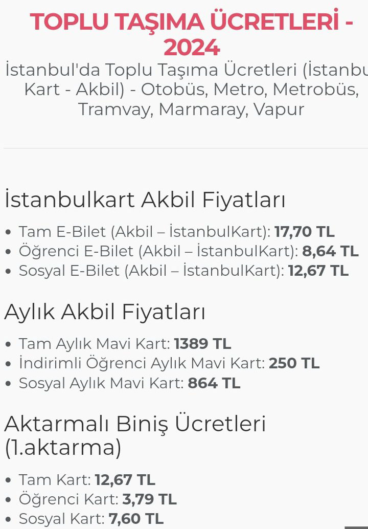 Ulasım Istanbul Tarife 7