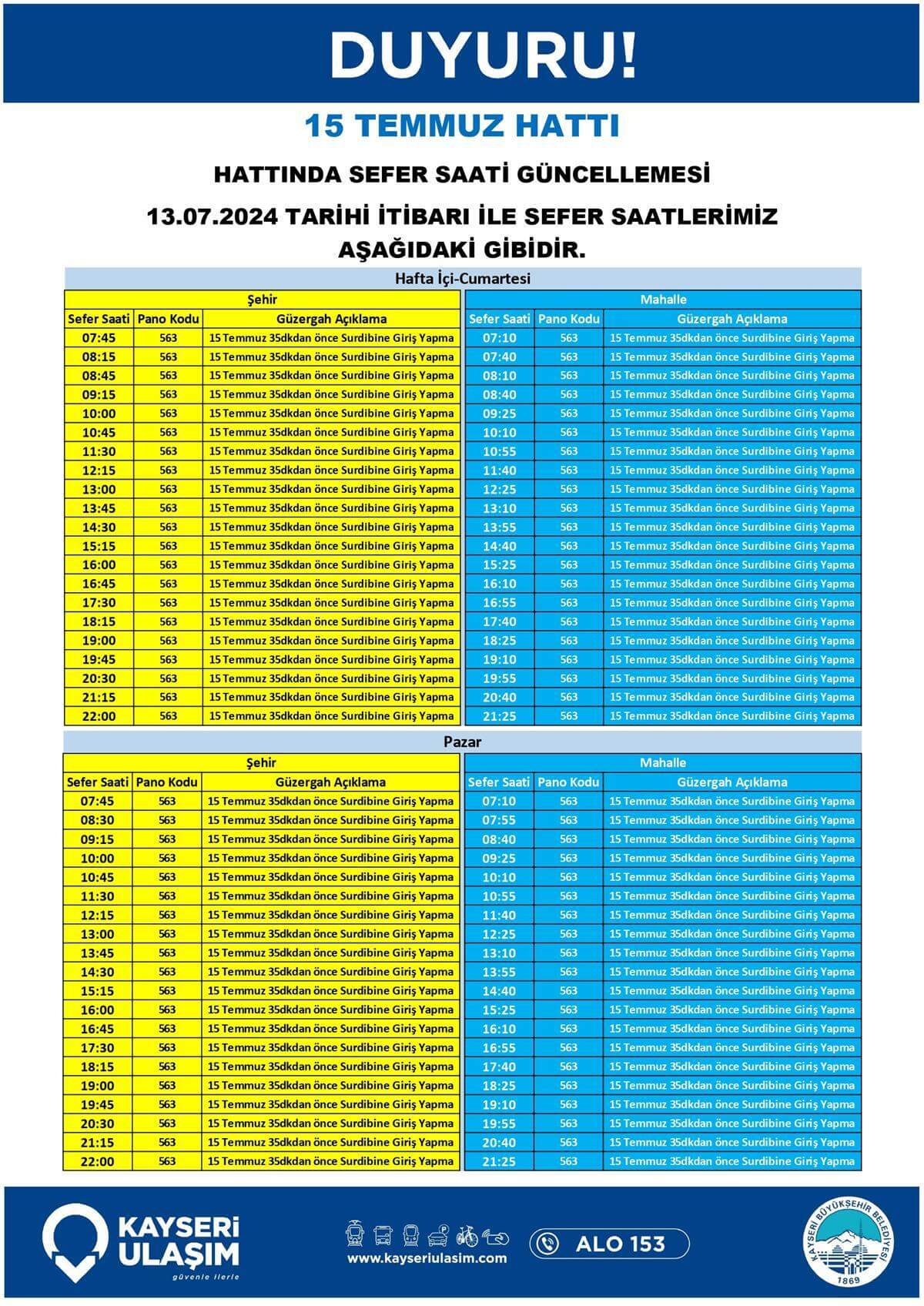 15 Temmuz hattında sefer saati güncellemesi