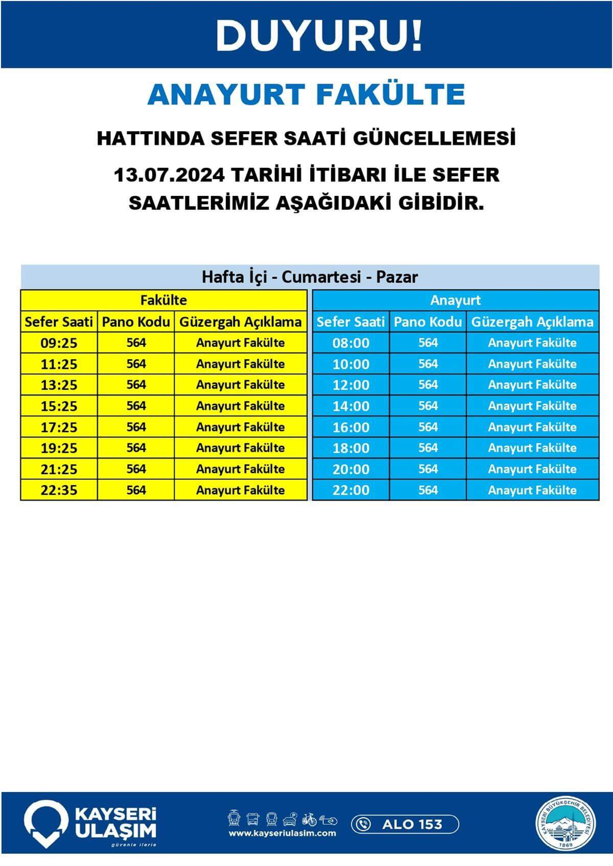 Anayurt Fakülte Hattında Sefer Saati Güncellemesi