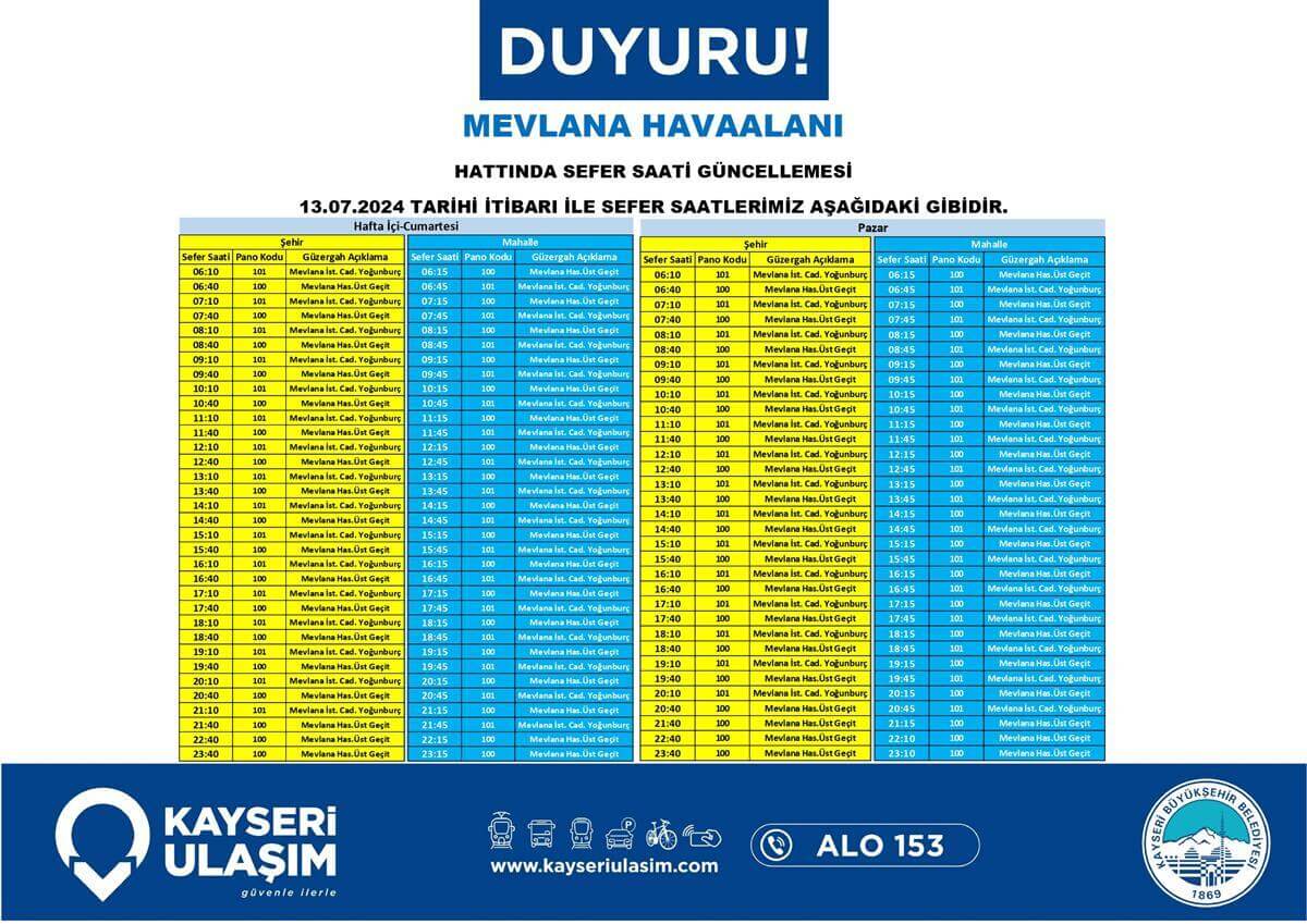 Mevlana Havaalanı Hattında Sefer Saati Güncellemesi