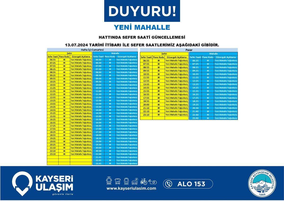 Yeni Mahalle Hattında Sefer Saati Güncellemesi