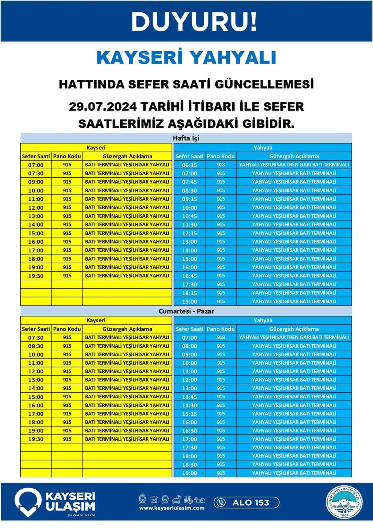 Kayseri̇ Yahyali Hattinda Sefer Saati̇ Güncellemesi̇