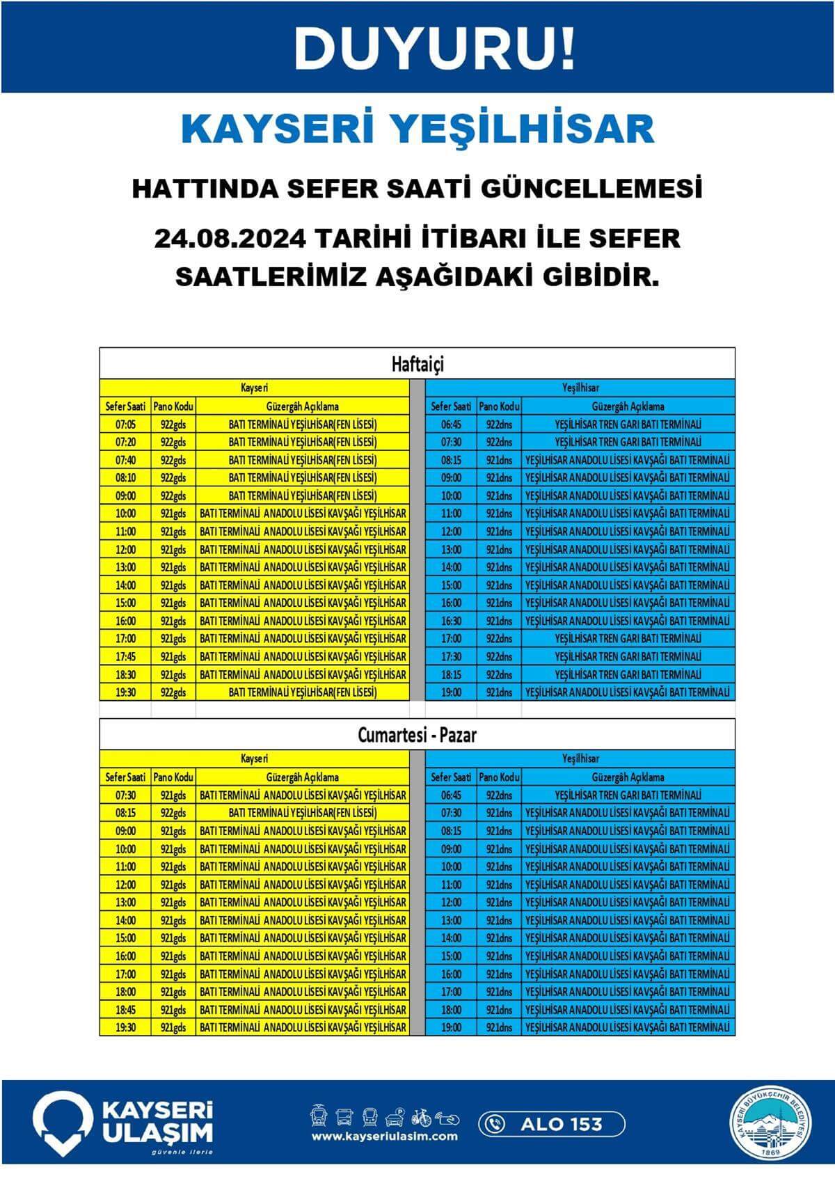 Kayseri Yeşilhisar Hattında Sefer Saati Güncellemesi (1)