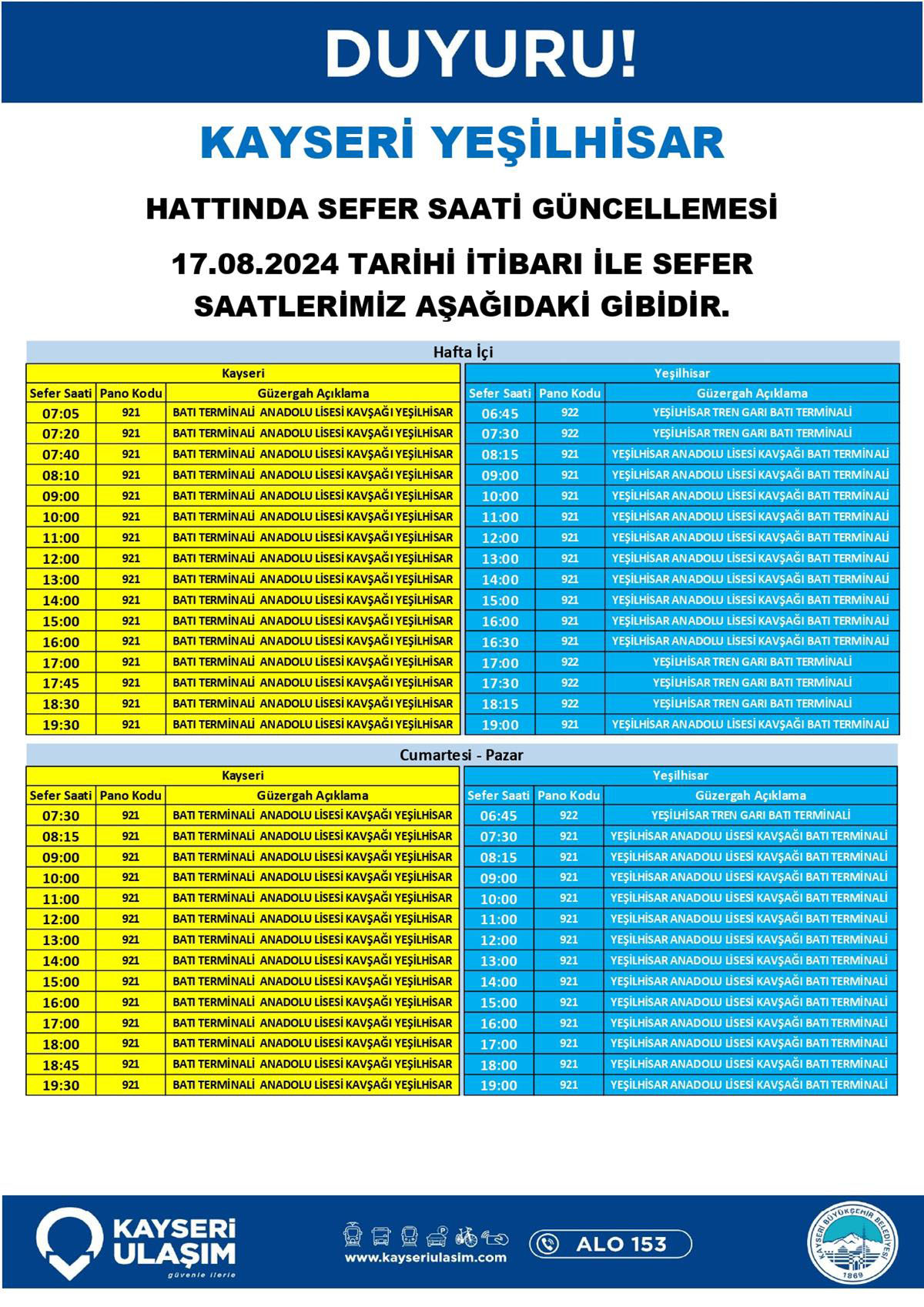 Kayseri'de Sefer Saatleri Ve Güzergahlar Değişti Kopya