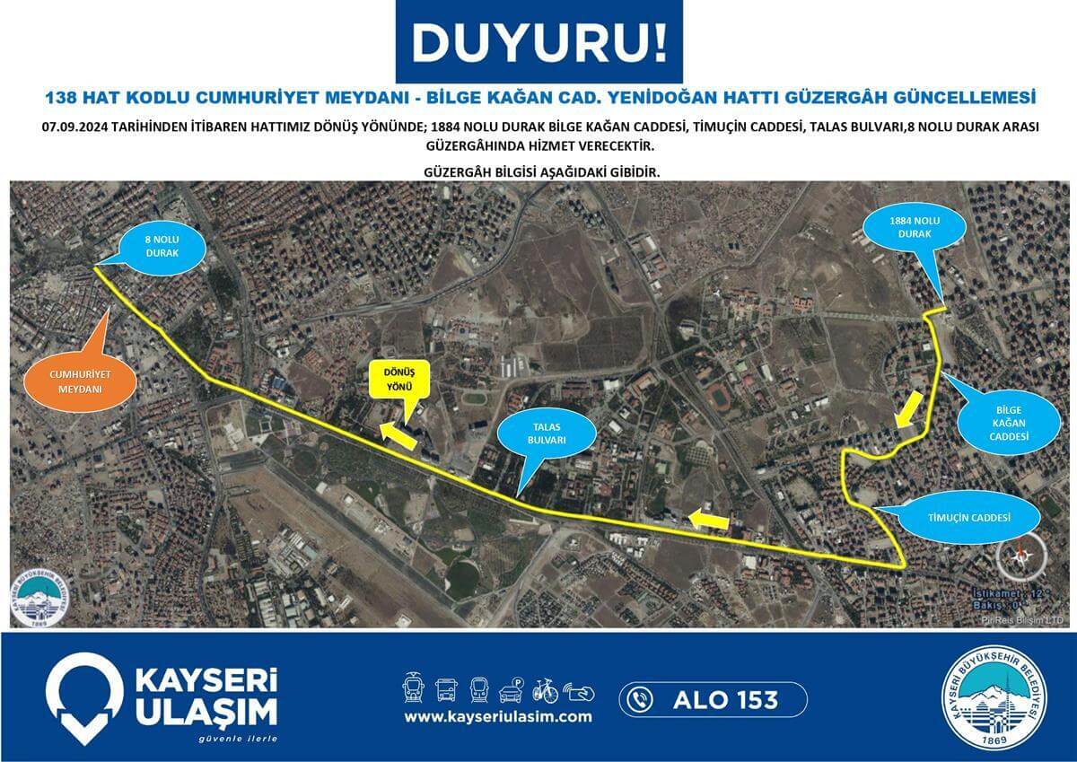 Cumhuriyet Meydanı Bilge Kağan Cad. Yenidoğan Hattı Güzergâh Güncellemesi