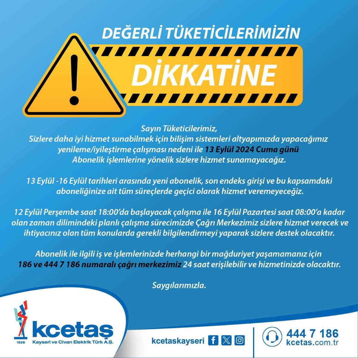Dikkat Kayseri’de O Kurum 13 16 Eylül Tarihleri Arasında Hizmet Vermeyecek! 2