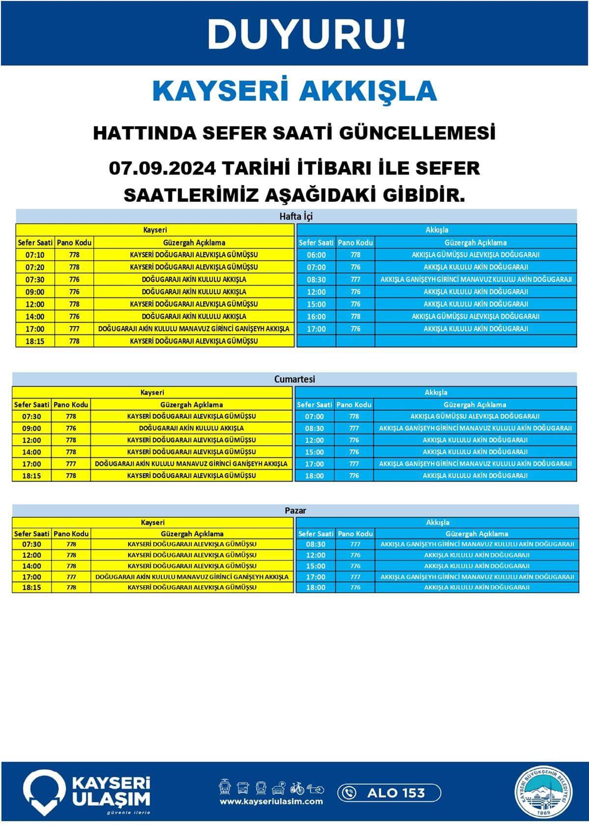 Kayseri Akkışla Hattında Sefer Saati Güncellemesi