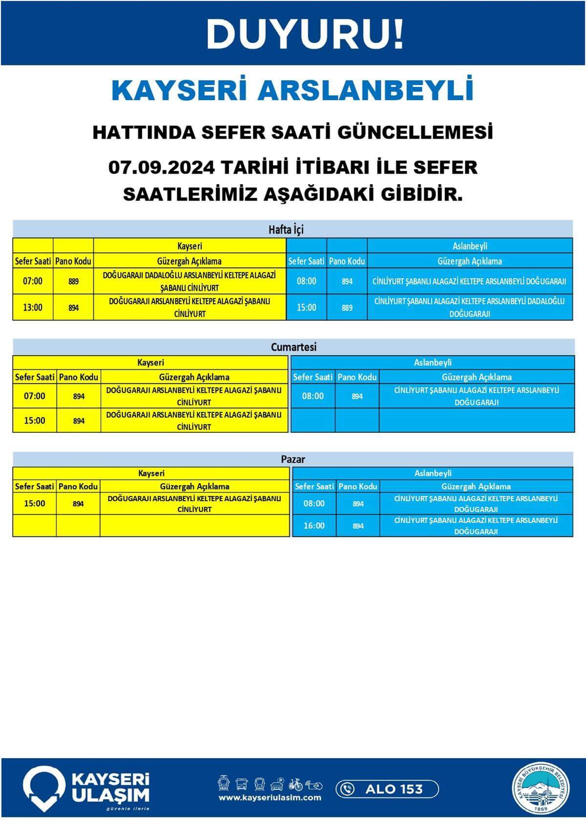 Kayseri Arslanbeyli Hattında Sefer Saati Güncellemesi
