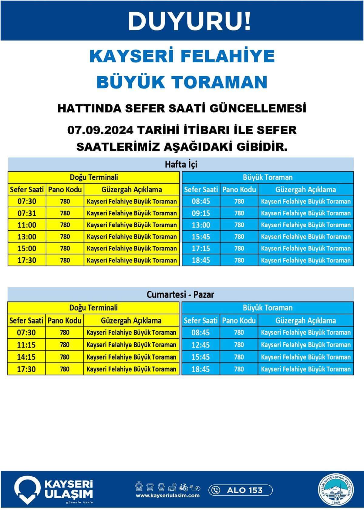 Kayseri Felahiye Büyük Toraman Hattında Sefer Saati Güncellemesi