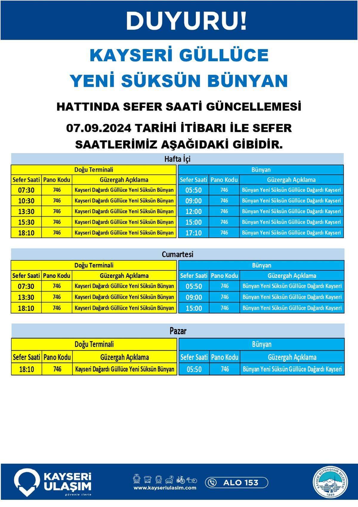 Kayseri Güllüce Yeni Süksün Bünyan Hattında Sefer Saati Güncellemesi