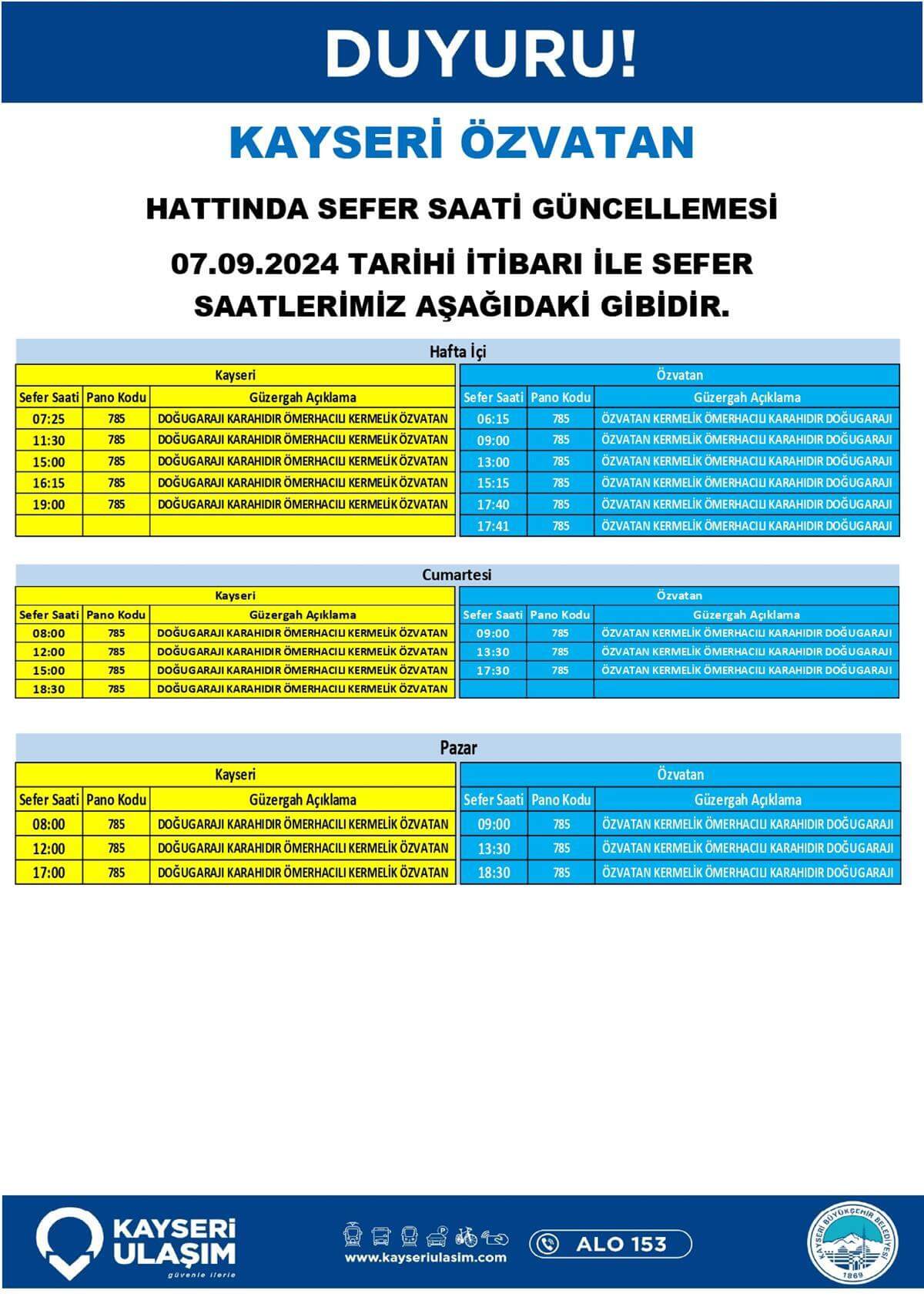 Kayseri Özvatan Hattında Sefer Saati Güncellemesi