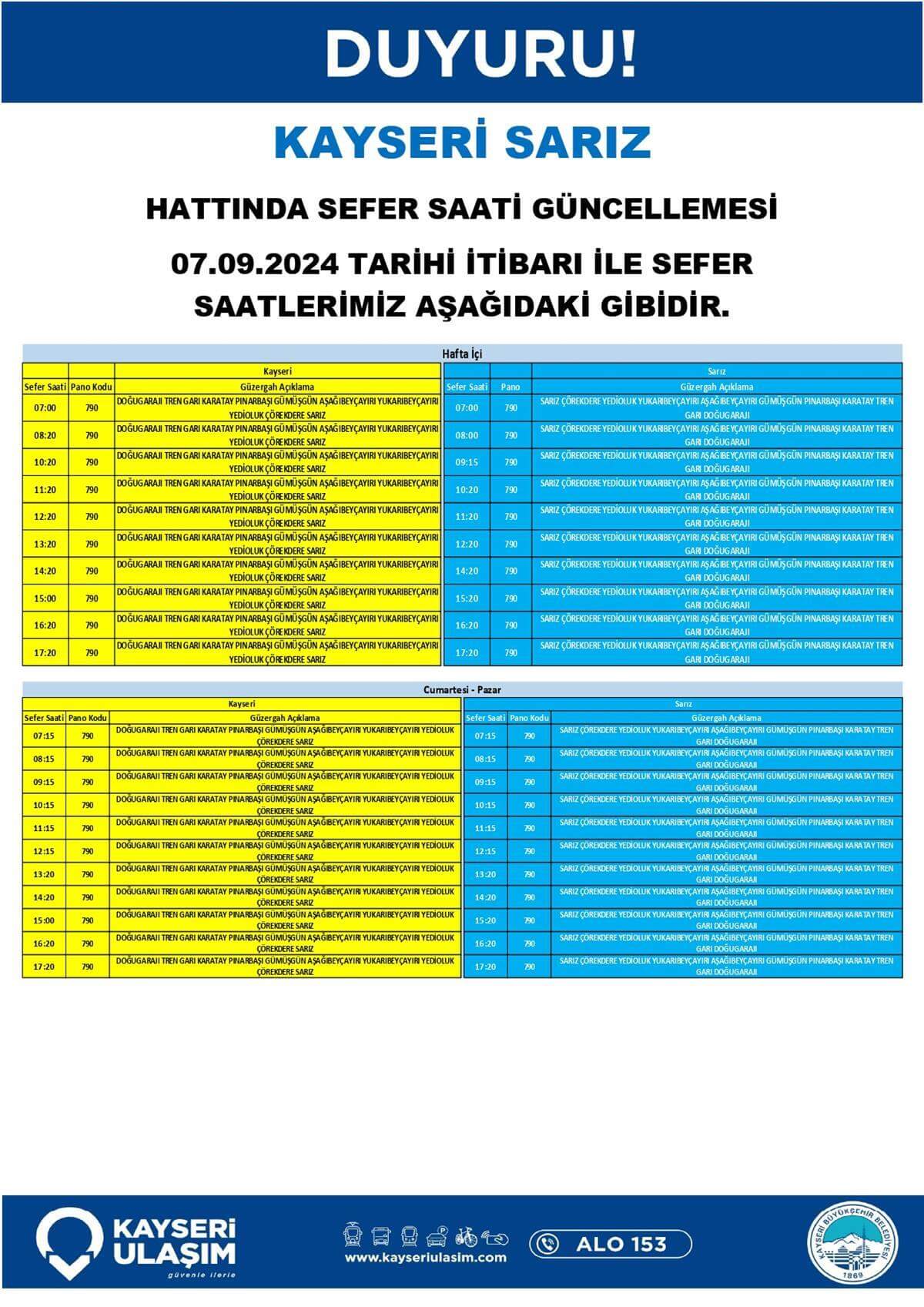 Kayseri Sarız Hattında Sefer Saati Güncellemesi