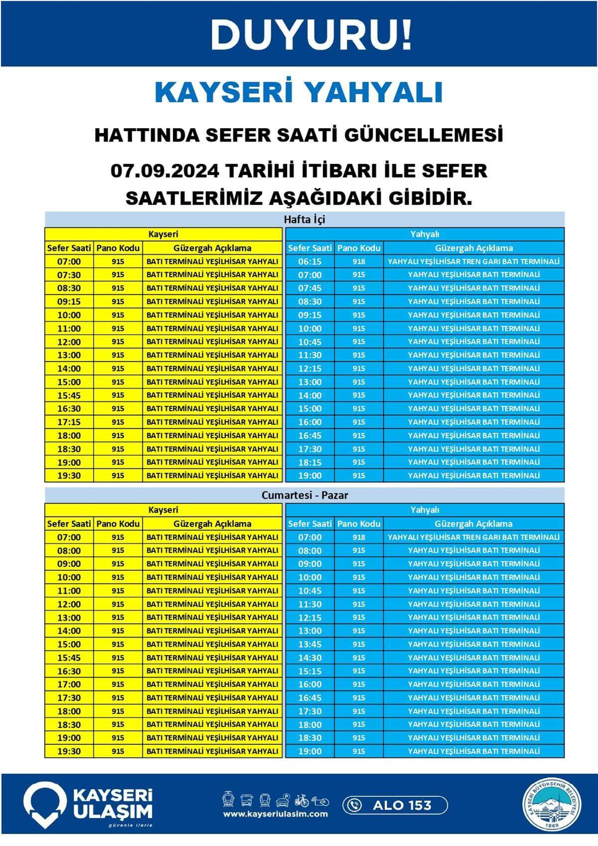 Kayseri Yahyalı Hattında Sefer Saati Güncellemesi