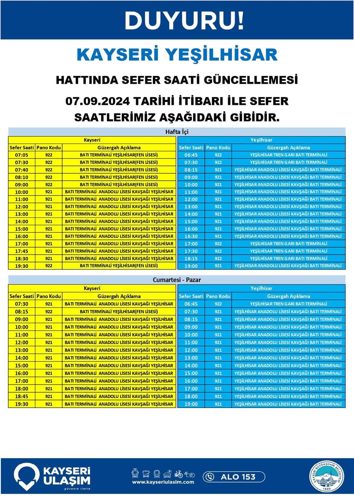 Kayseri Yeşilhisar Hattında Sefer Saati Güncellemesi 7 Eylül