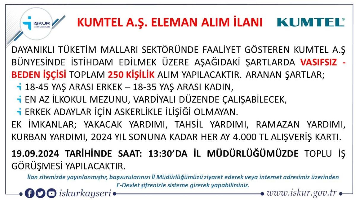 Kayseri’de Dev Firma 250 Kişiyi İşe Alacak Her Ay 4 Bin Tl Çek Dağıtacak!