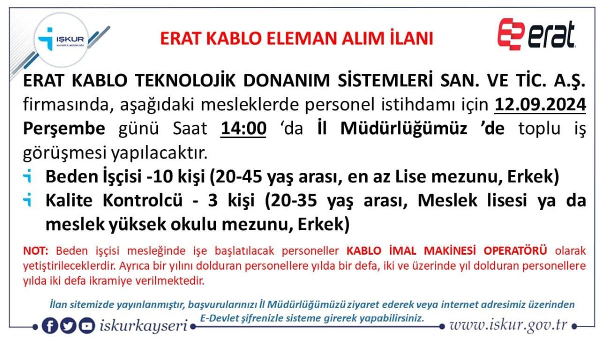 Kayseri’de Toplu İşçi Alımı Yapılacak! İşte Aranan Şartlar 1