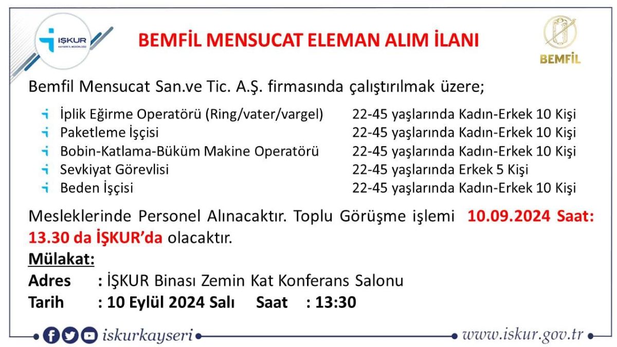 Kayseri’de Toplu İşçi Alımı Yapılacak! İşte Aranan Şartlar 2