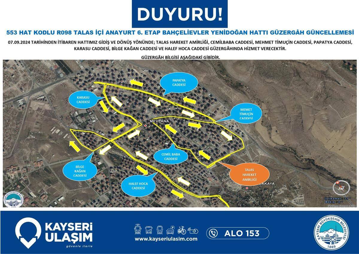 Talas İçi Anayurt 6. Etap Bahçelievler Yenidoğan Hattı Güzergâh Güncellemesi