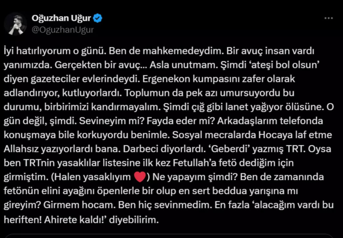 Babası tutuklanmıştı! Oğuzhan Uğur’dan dikkat çeken Fetullah Gülen paylaşımı!