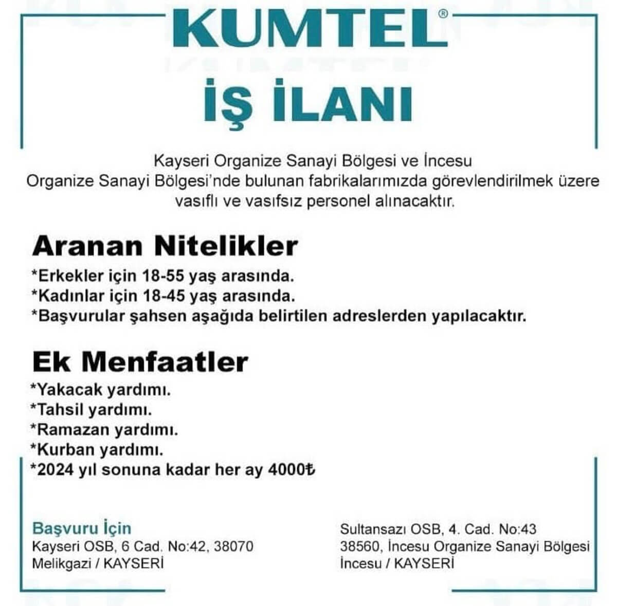 Kayseri Osb’de Dev Firmadan Iş Ilanı Her Ay 4 Bin Tl Ikramiye! 2
