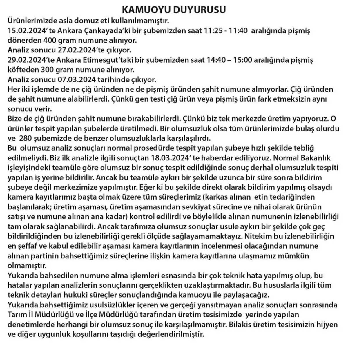 Köfteci Yusuf Domuz Eti Açıklaması