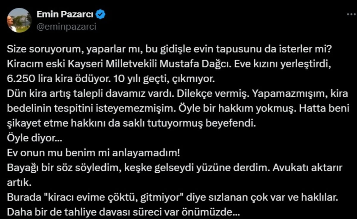 Kayseri Eski Milletvekili Mustafa Dağcı Ünlü Ev Sahibi Gazeteci Emin Pazarcı Ile Davalık Oldu 6.250 Lira Kira Ödüyor! (2)