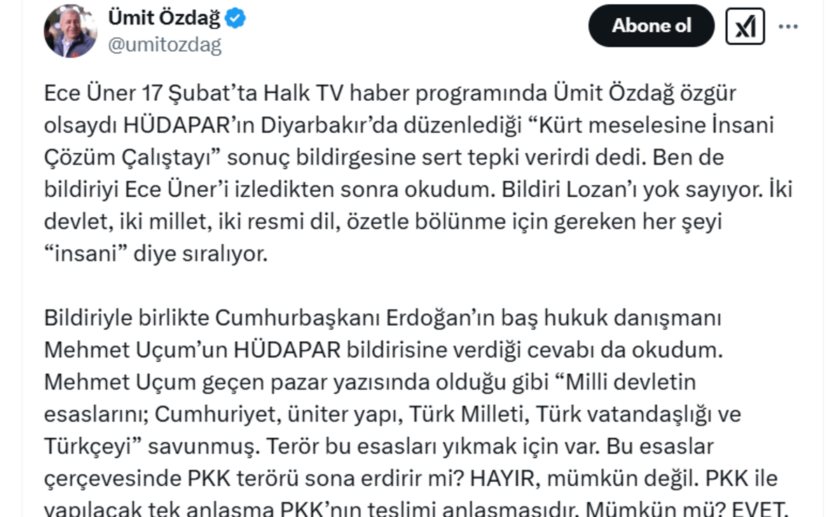 Cezaevinde tutuklu yargılanan Ümit Özdağ’dan Ece Üner paylaşımı!