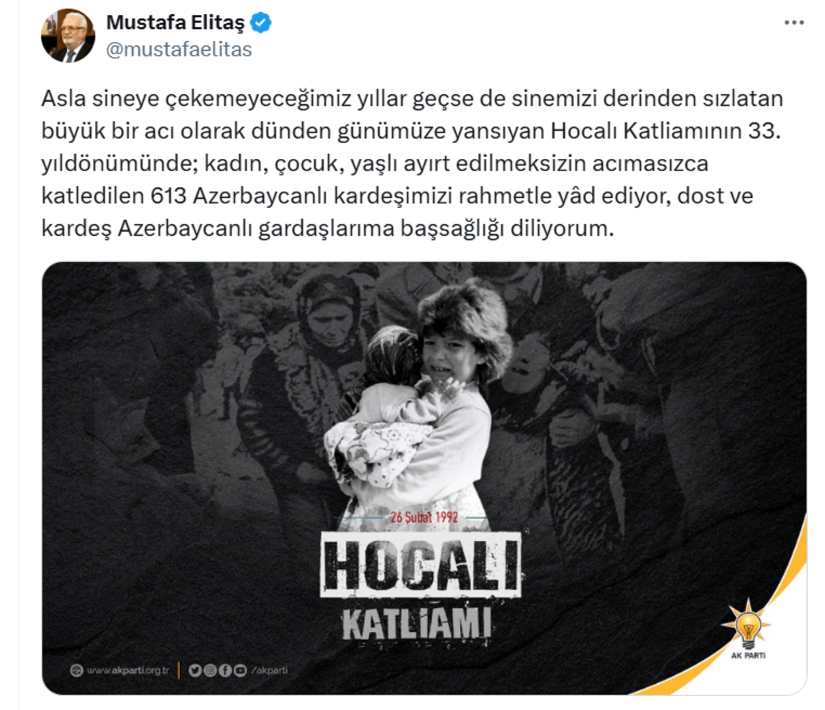 AK Partili Mustafa Elitaş’tan katliam paylaşımı: Asla sineye çekemeyiz!