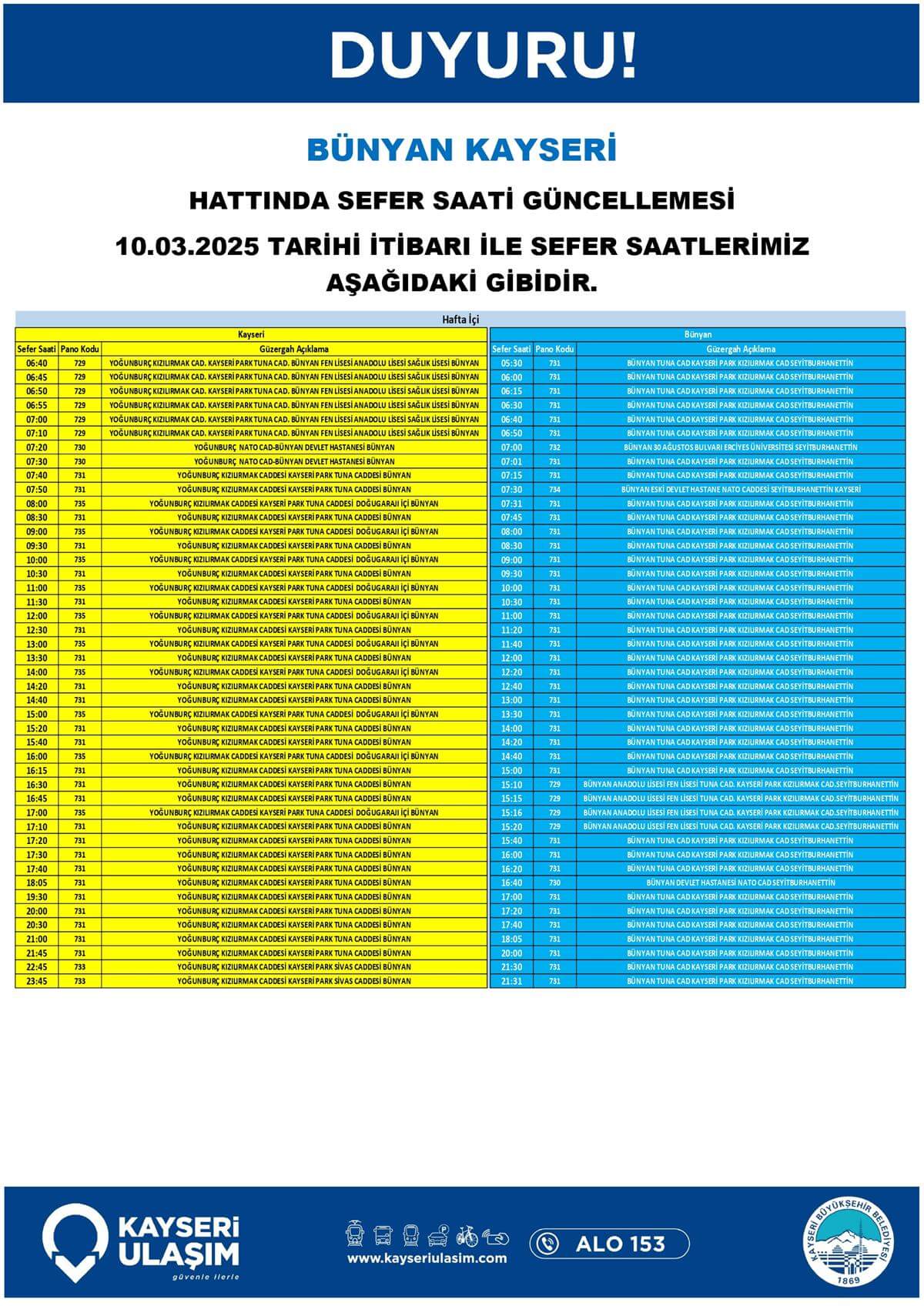 Kayseri’de birçok ilçenin sefer saat ve güzergâhı baştan sona değişiyor!