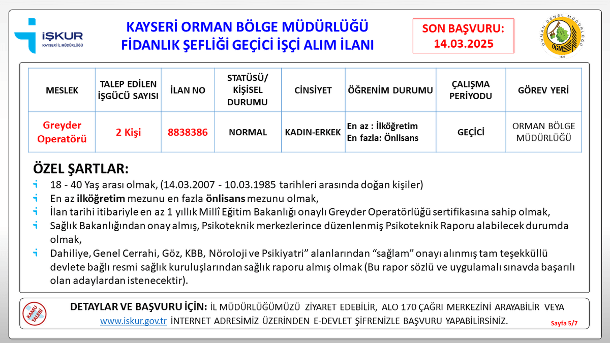 Kayseri İŞKUR İl Müdürlüğü’nün resmi duyurusu