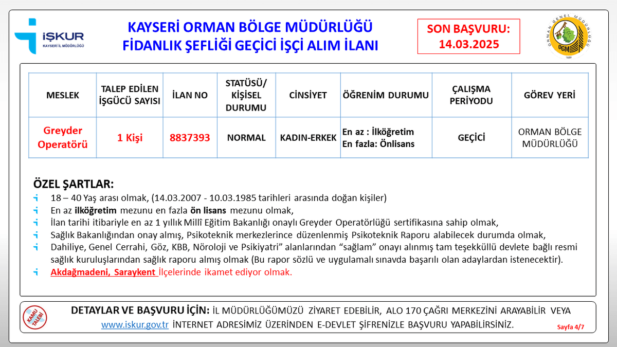 Kayseri İŞKUR İl Müdürlüğü’nün resmi duyurusu