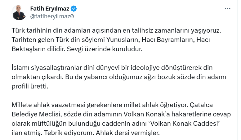 Kayserili siyasetçi Fatih Eryılmaz’dan Çatalca Müftüsü’ne sert sözler: Ağzı bozuk sözde din adamı!