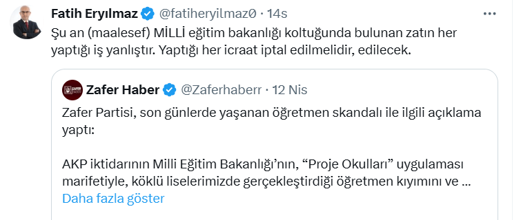 Zafer Partili Fatih Eryılmaz’dan Milli Eğitim Bakanı’na sert çıkış: Yaptığı her icraat iptal edilmeli!