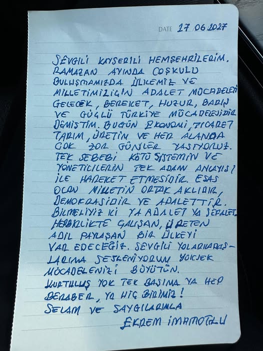 ekrem imamoğlu kayseri'ye notu