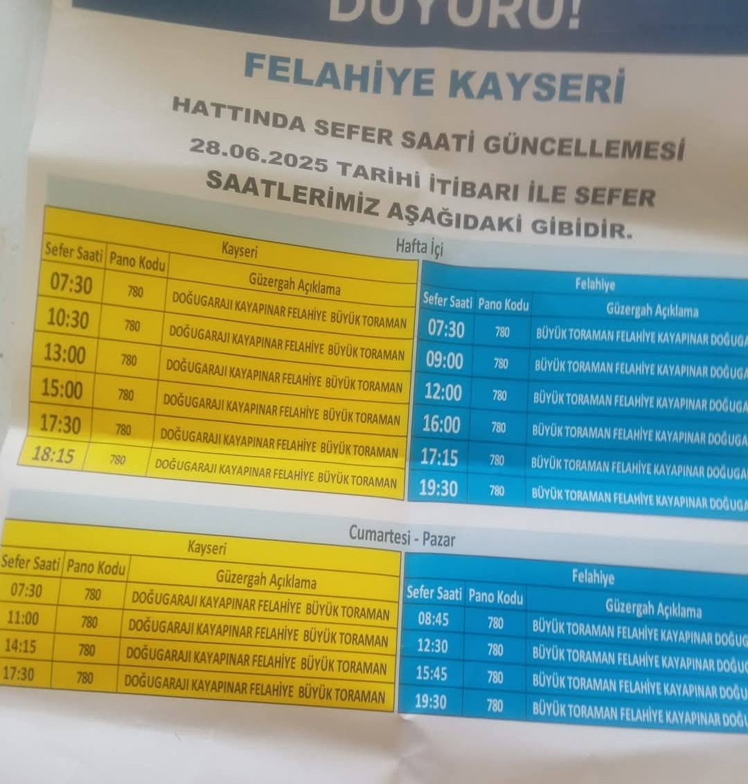 Felahiye Sefer Saatleri