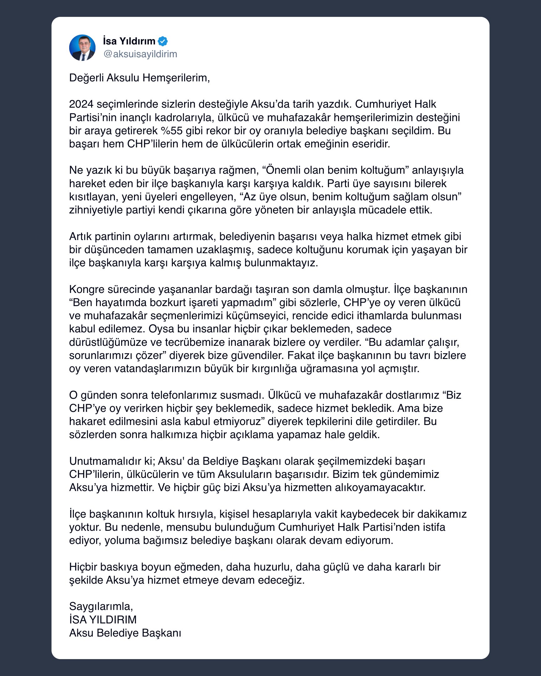 Belediye Başkanı İsa Yıldırım Chp’den Istifa Etti (2)