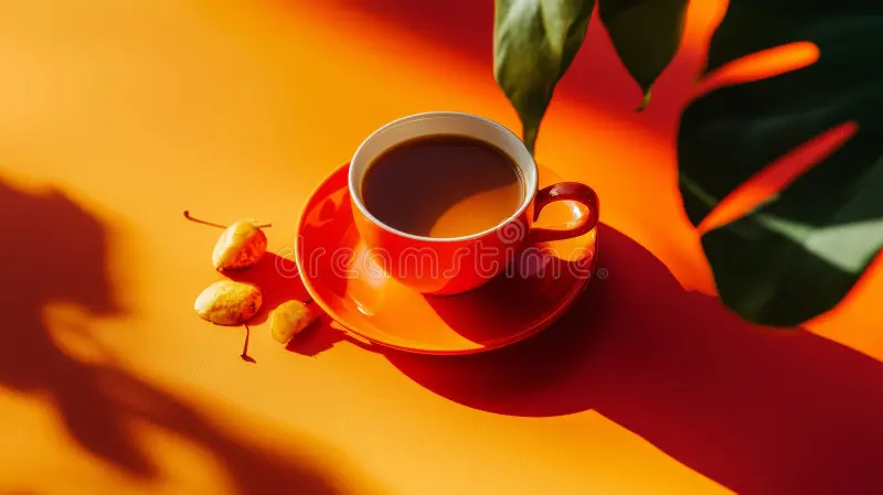 Bright Orange Coffee Cup Casting Shadows Vibrant Background Minimalist Composition Dramatic Surface Perfect 383703326