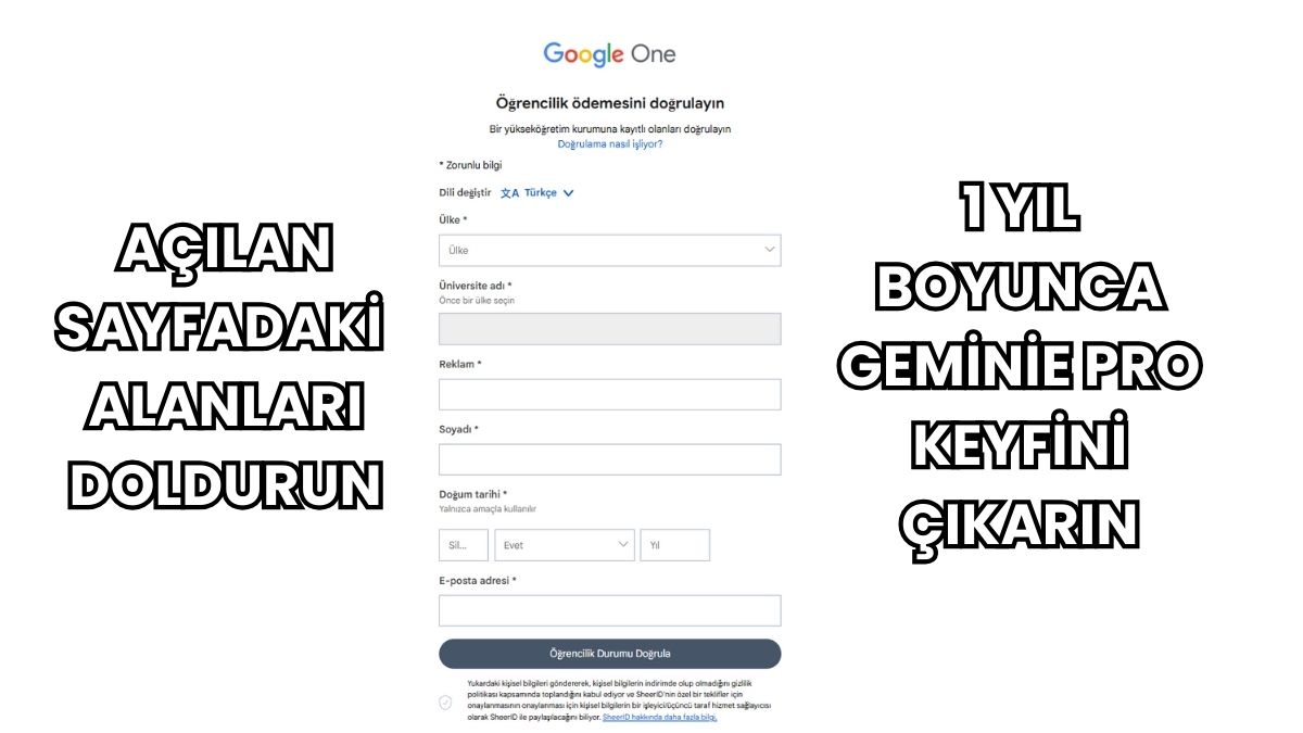 Açılan sayfadaki alanları doldurun ve son olarak e-devlet üzerinden indirdiğiniz öğrenci belgesini yükleyerek 1 yıl boyunca Gemine Pro'yu ücretsiz kullanmanın keyfini çıkarın.