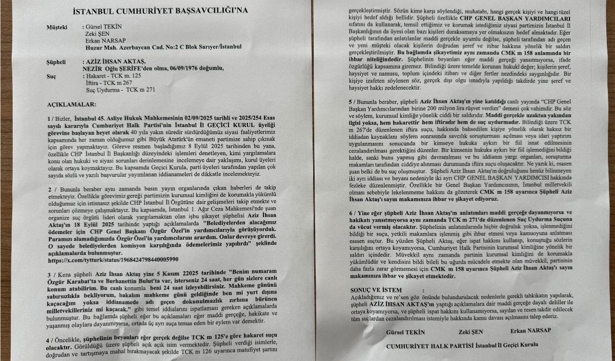 Gürsel Tekin’den Aziz İhsan Aktaş’a Suç Duyurus