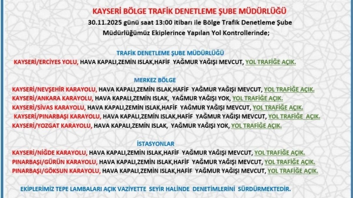 Hangi̇ Yollar Trafi̇ğe Açik Kayseri̇ (2)