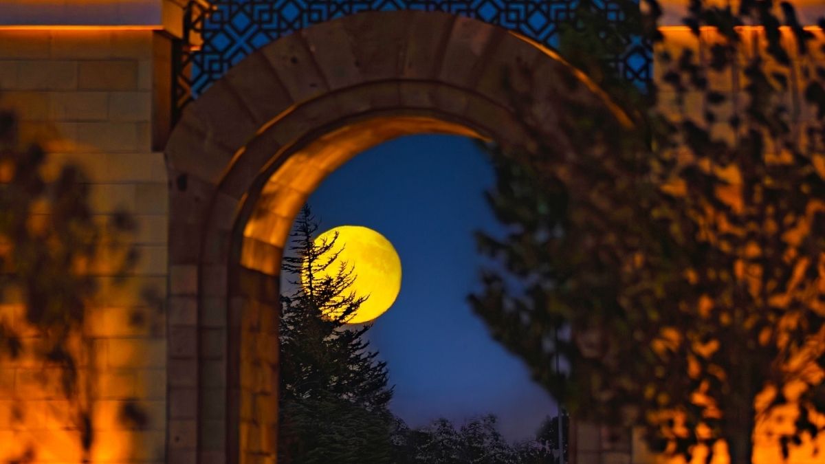 Recep Tayyip Erdoğan Millet Bahçesi’nin görkemli kapıları altında parlayan dolunay, Kayseri gecesini aydınlatıyor.