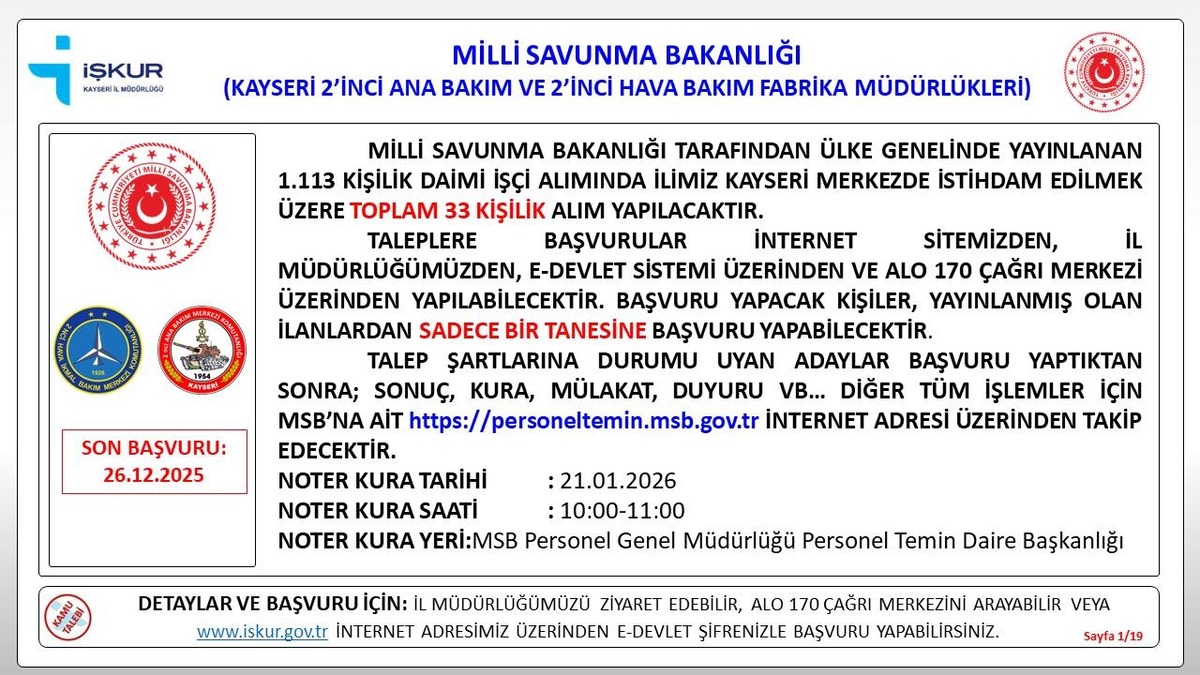 İŞKUR Milli Savunma Bakanlığı İşçi Alımı