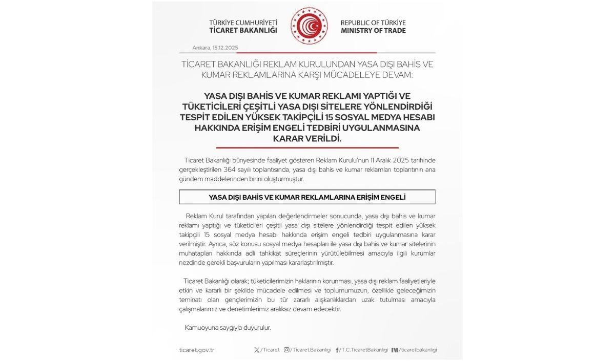Ticaret Bakanlığı yasa-disi-bahis-reklamlari-15-hesap-kapatildi