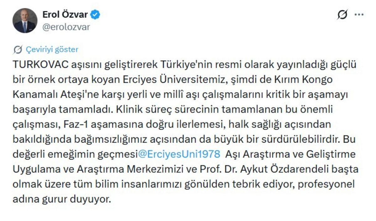 Erciyes Üniversitesi, Kırım Kongo Kanamalı Ateşi aşısında kritik aşamayı tamamladı. Aşı Faz-1’e geçiyor mu? YÖK Başkanı Erol Özvar ve ERÜ’den peş peşe açıklama geldi. Tüm detaylar Deniz Postası’nda!