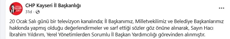 Kayseri Chp’de İl Başkan Yardımcısı Yıldırım Görevden Alındı (3)