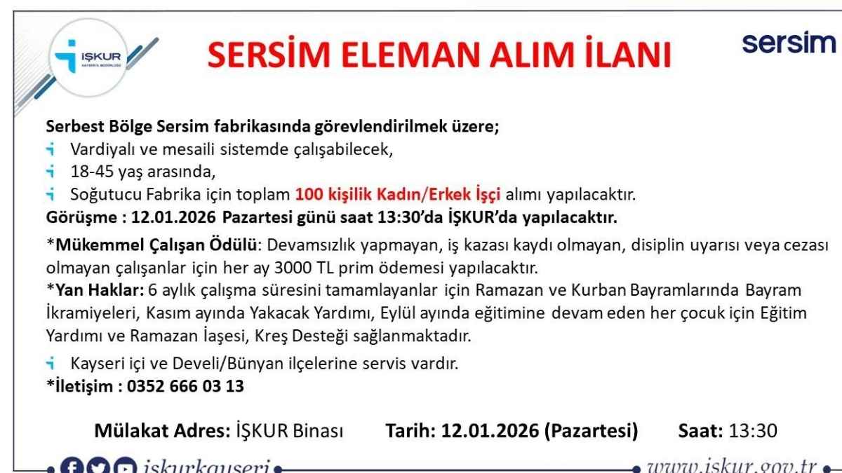 Kayseri’de Iş Arayanlara Müjde Sersim Fabrikası 100 Personel Alıyor